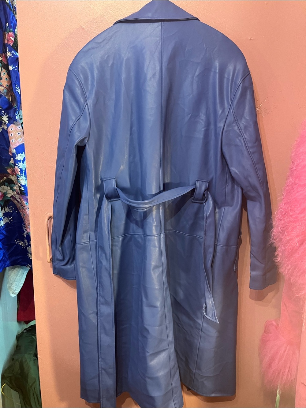 Bershka Electric Blue Faux Leather Trench Coat with Belt - Picture 5 of 6